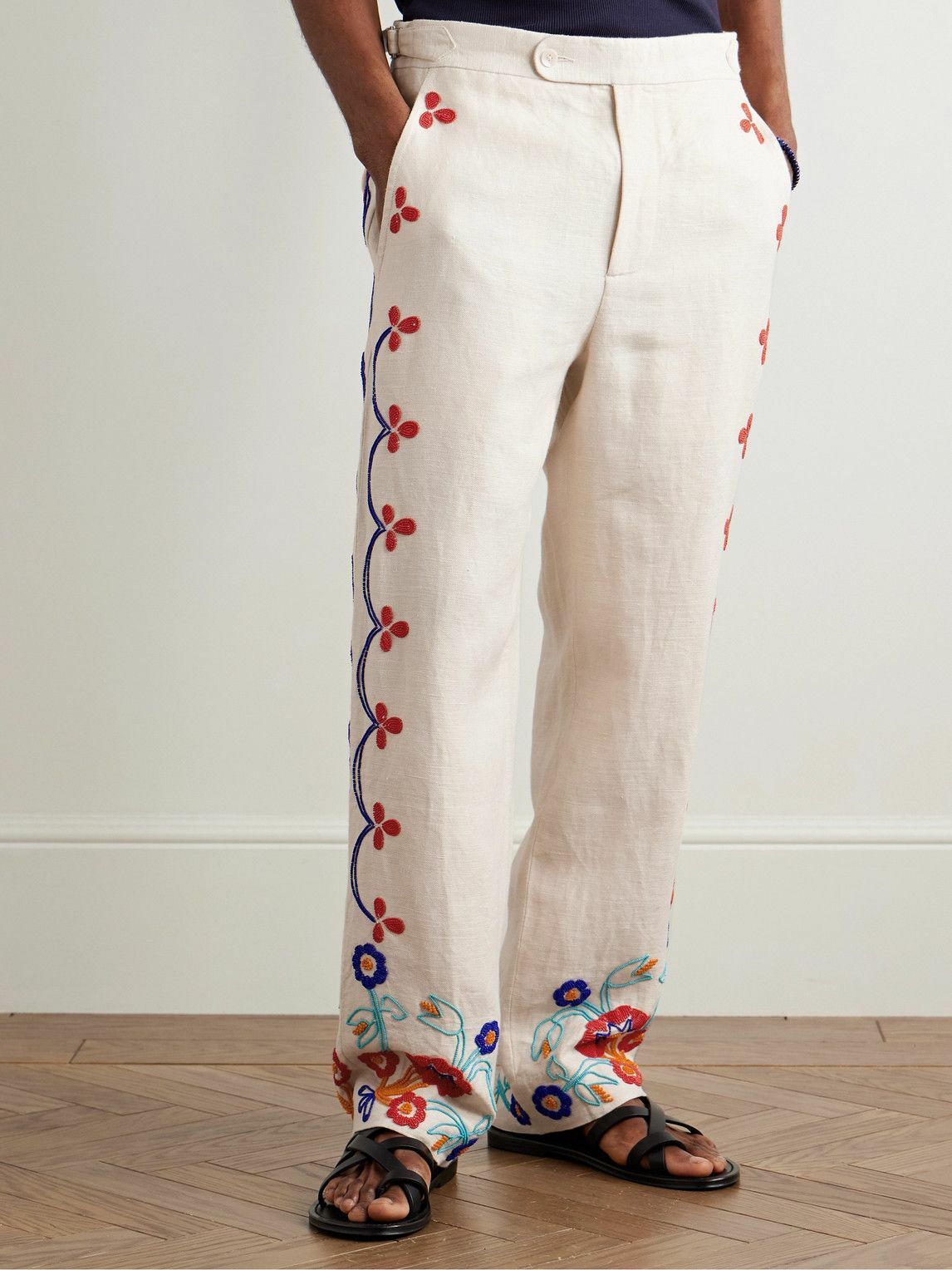 BODE - Garden Party Straight-Leg Bead-Embellished Linen Trousers - Neutrals