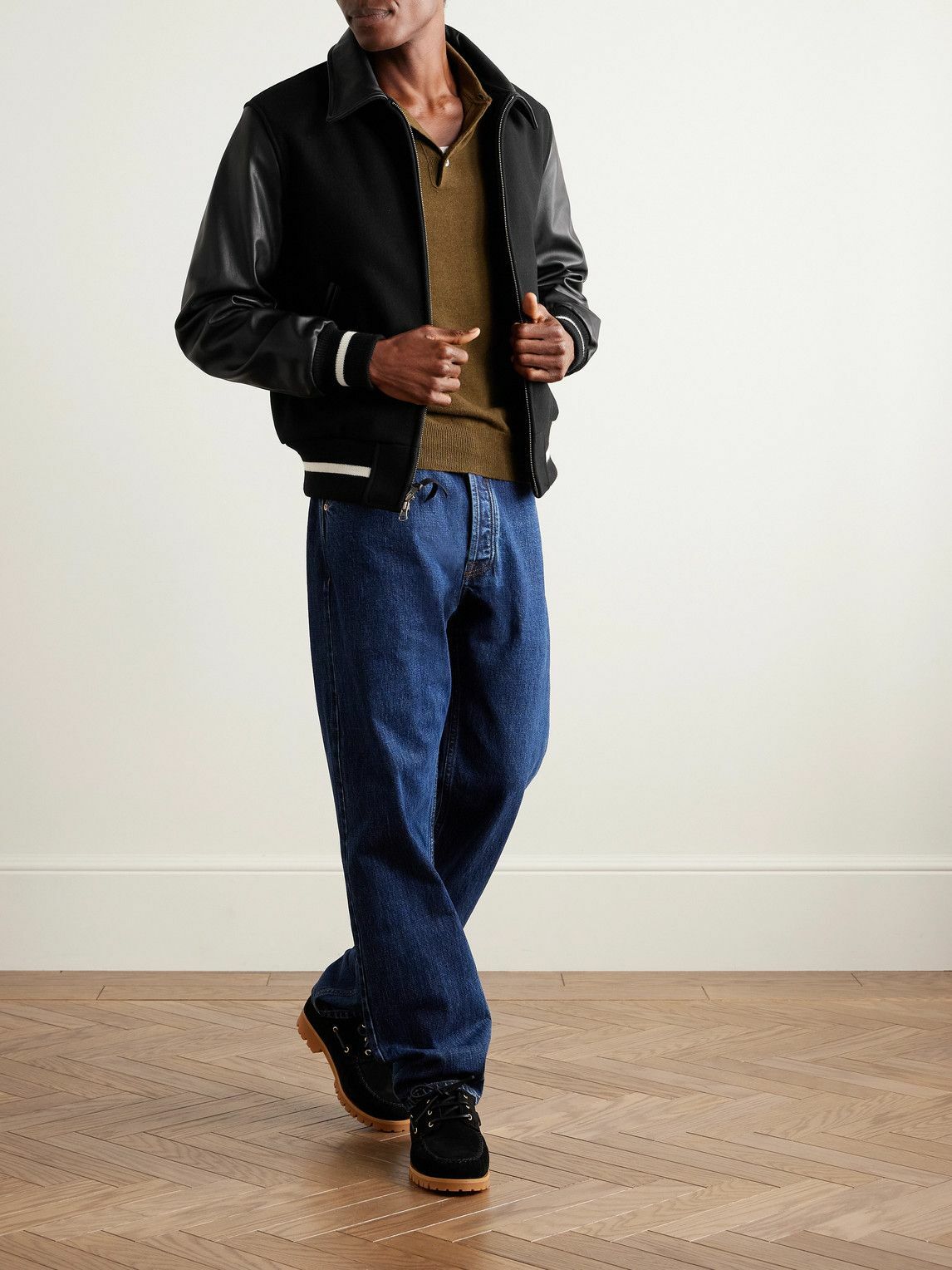 Golden Bear - Leather and Wool-Blend Felt Varsity Jacket - Black