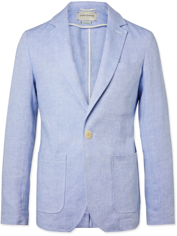 Photo: OLIVER SPENCER - Fairway Unstructured Linen Suit Jacket - Blue