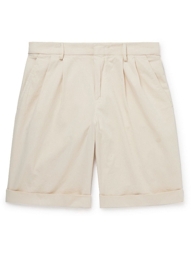 Photo: Caruso - Wide-Leg Pleated Herringbone Cotton Bermuda Shorts - Neutrals