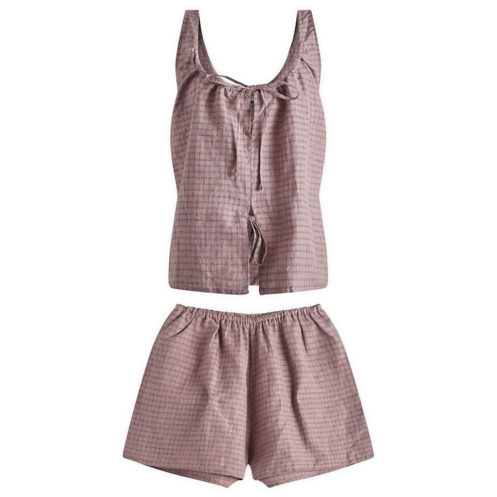 Photo: Deiji Studios Women's Open Linen Short Set in Musk Check