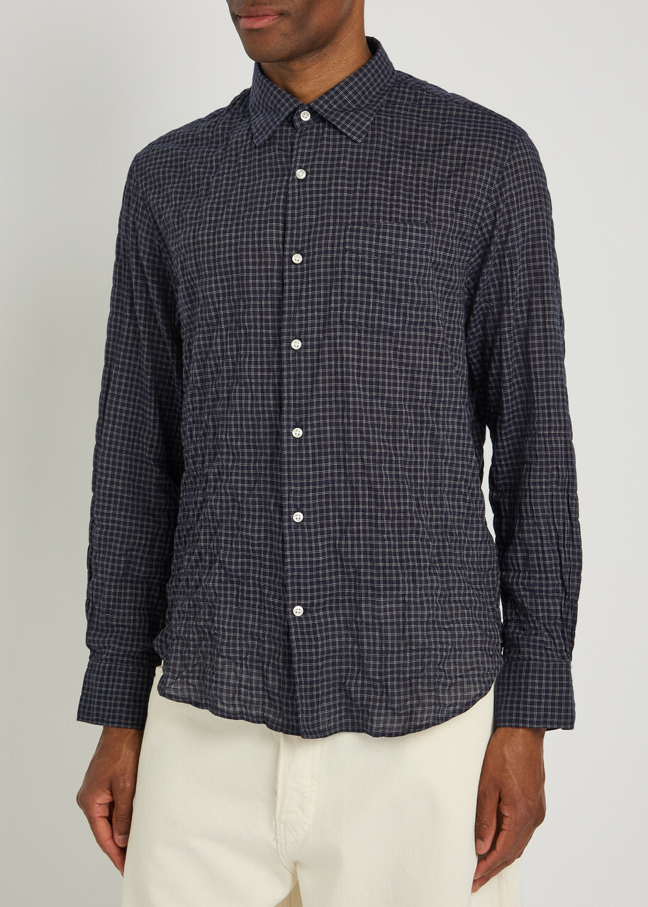 Officine Générale Beniot Checked Crinkled Cotton-blend Shirt Navy