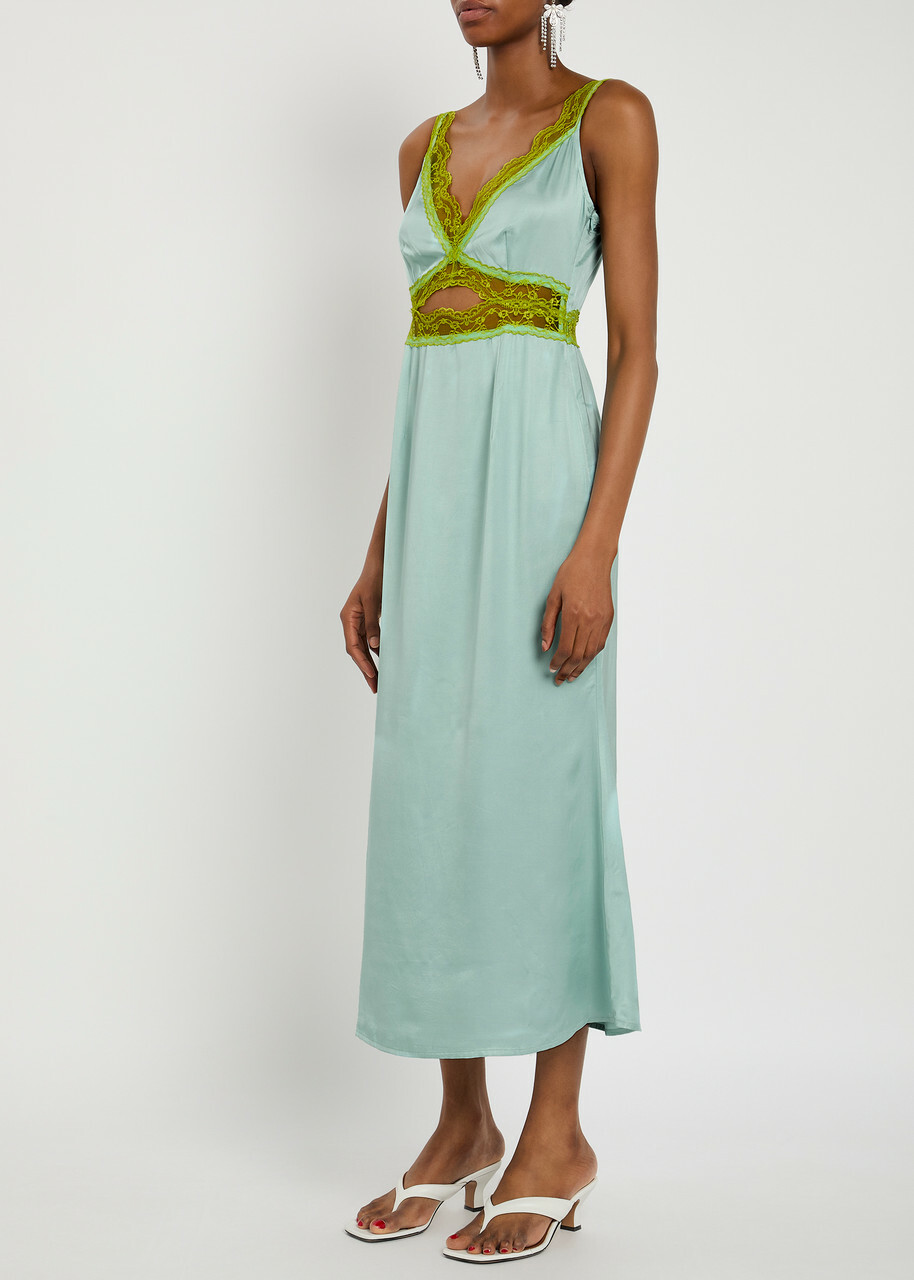 Never Fully Dressed Mimi Lace-trim Satin Midi Dress Blue