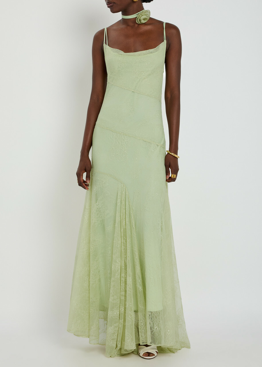 DE LA Vali Calima Asymmetric Lace Maxi Dress Light Green