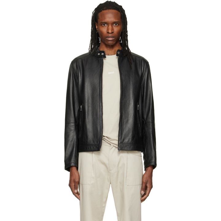 Photo: BOSS Black Logo Trim Grained Leather Jacket