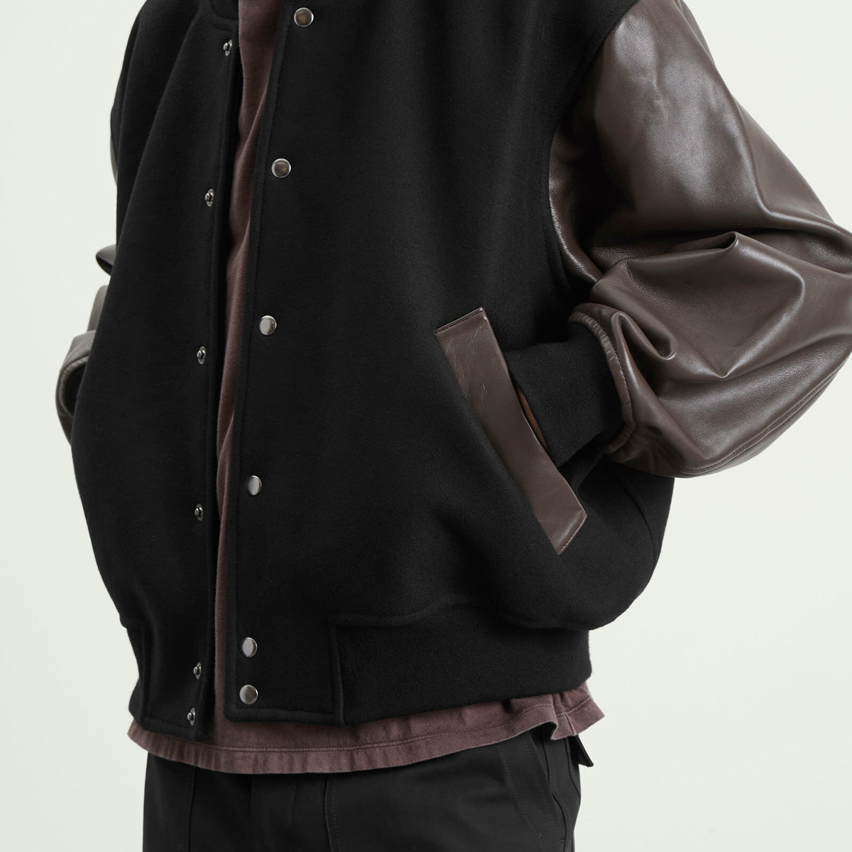 Studio Nicholson Men's Alph Leather Wool Varsity Bomber Jacket in Black/Cocoa