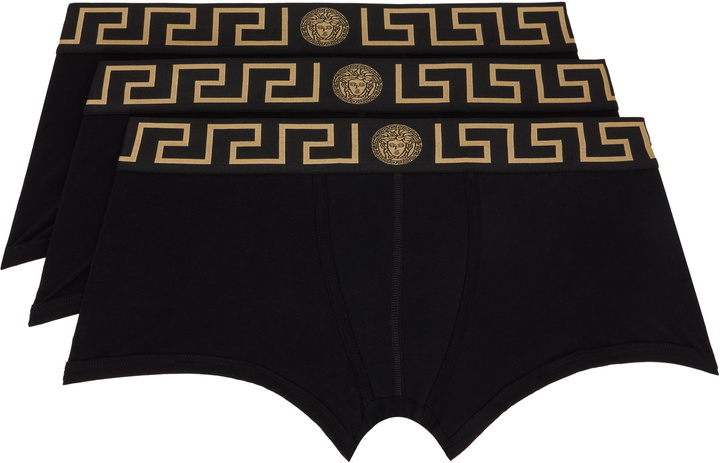 Photo: Versace Three-Pack Black Greca Border Trunks Boxer Briefs