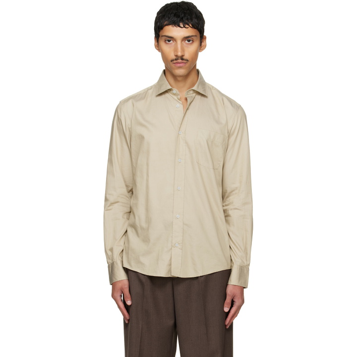 Photo: BOSS Beige Spread Collar Casual-Fit Cotton Shirt