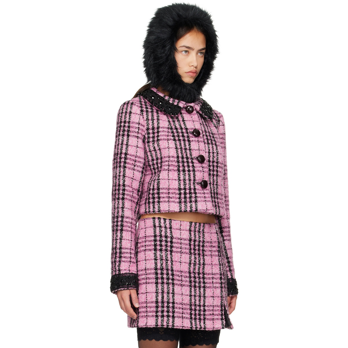 Anna Sui Pink Plaid Beaded Jacket