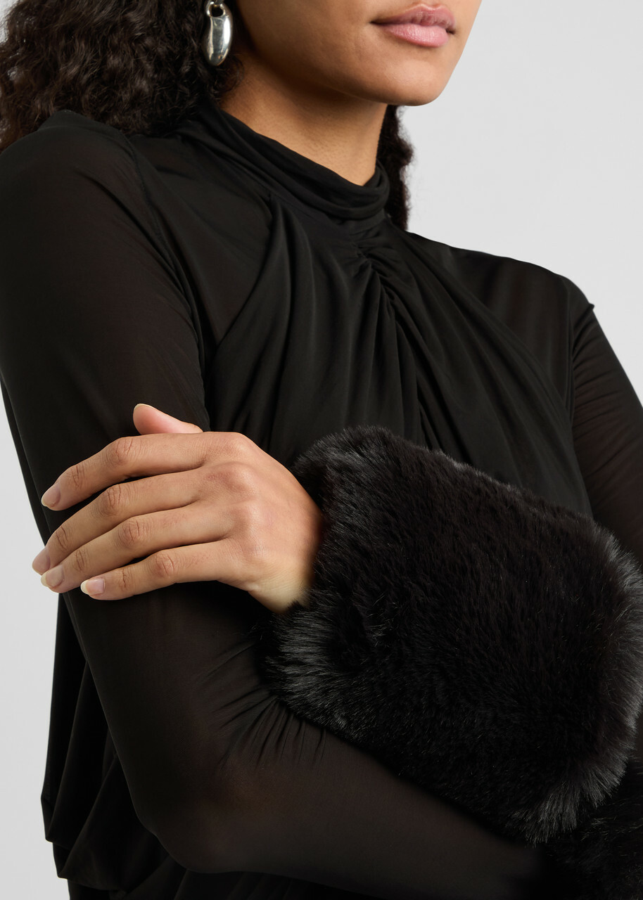 black mini dress with fur trim Off-Shoulder Faux Fur Trim Mini Dress