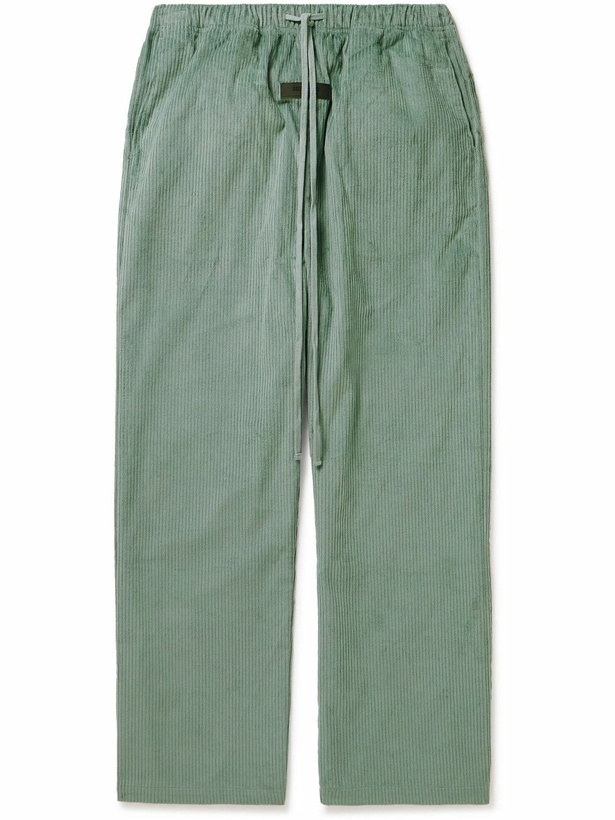 Photo: FEAR OF GOD ESSENTIALS - Logo-Appliquéd Cotton-Corduroy Drawstring Trousers - Green