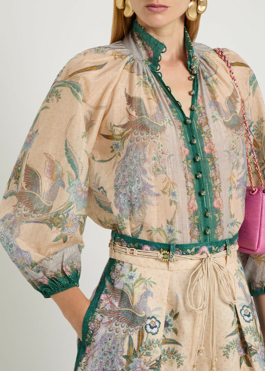 Zimmermann Indra Printed Metallic Cotton and Silk-blend Blouse Cream