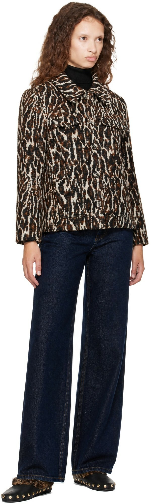 GANNI Brown Brushed Leopard Jacquard Blazer