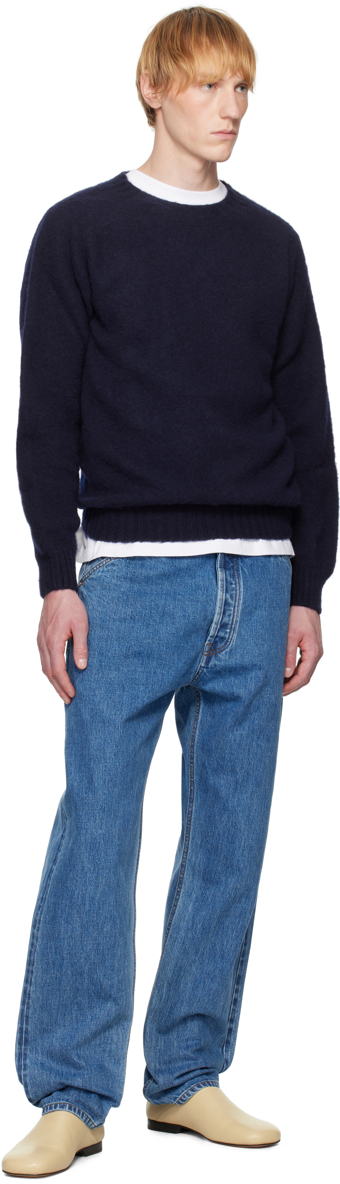 Drake's Navy Brushed Shetland Crew Neck Sweater