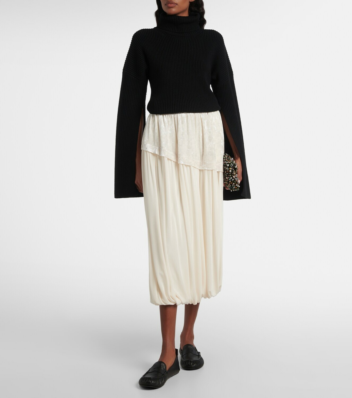 Xu Zhi Layered velvet-trimmed midi skirt