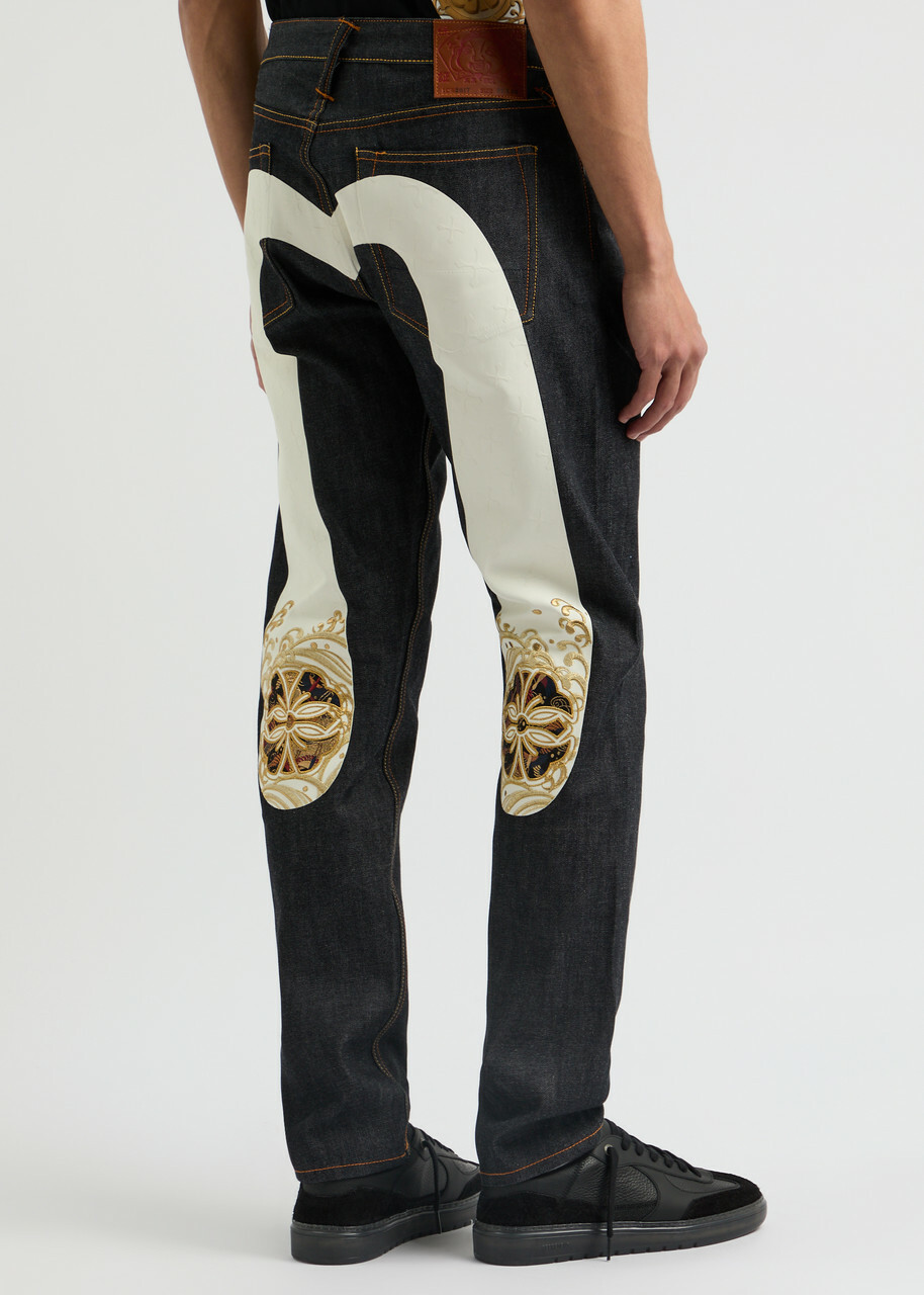 Evisu Kamon Daicock Printed Slim-leg Jeans Indigo