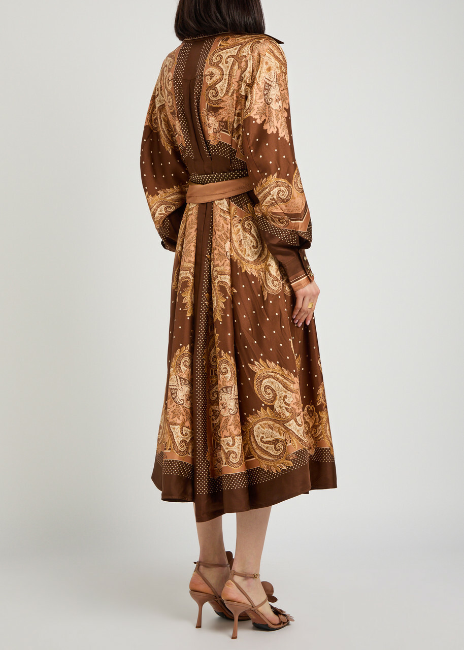 Zimmermann Luna Printed Belted Silk Midi Shirt Dress Brown