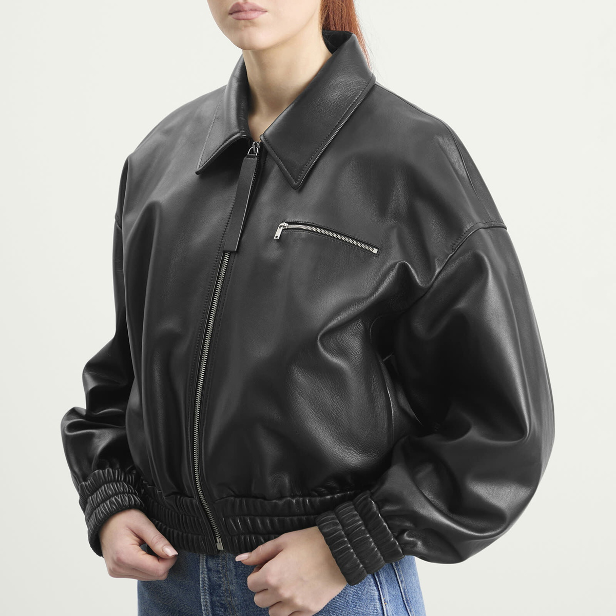 Jil Sander Women's Leather Bomber Jacket in Black