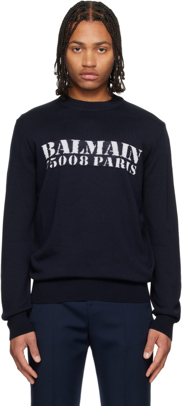 Photo: Balmain Black 'Balmain' Stamp Merino Wool Sweater