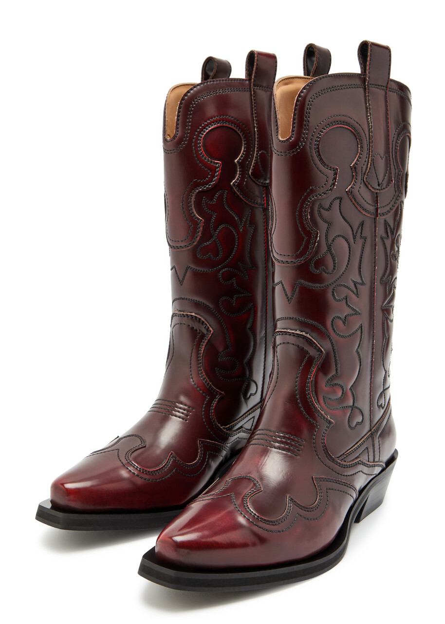 Ganni Embroidered Faux Leather Mid-calf Western Boots Burgundy