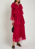 Chloe Ruffled Lace-trim Tiered Silk Maxi Dress Pink