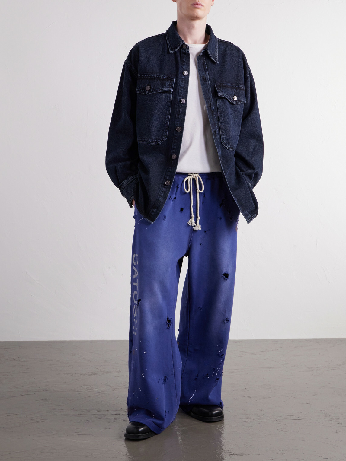 Satoshi Nakamoto - Luke Logo-Printed Paint-Splattered Distressed Cotton-Jersey Drawstring Sweatpants - Blue
