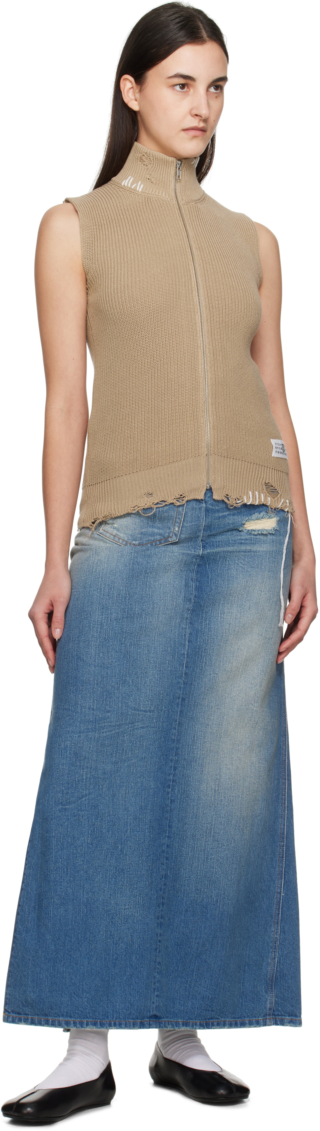 MM6 Maison Margiela Beige Eaten Knit Logo Zip Up Vest