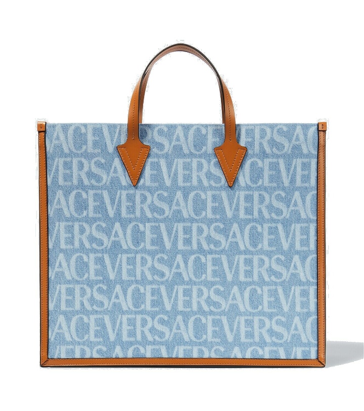 Photo: Versace Logo leather-trimmed canvas tote bag