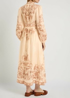 Zimmermann Indra Printed Plunge Linen Midi Dress Cream