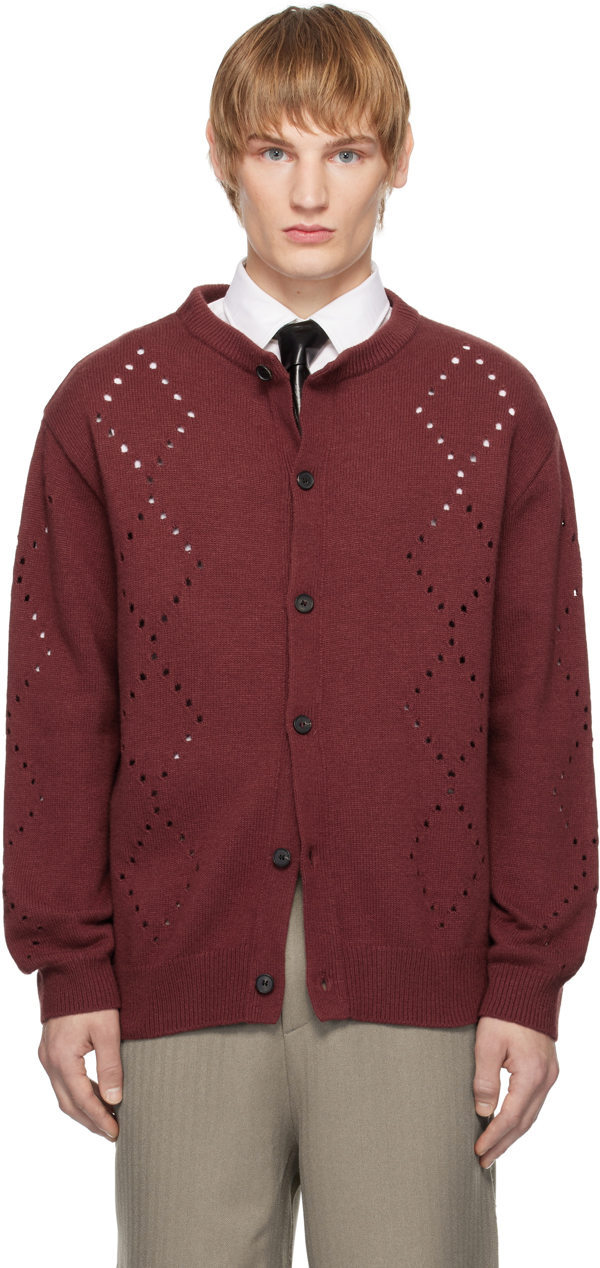 Youth Burgundy Argyle Punching Knit Cardigan