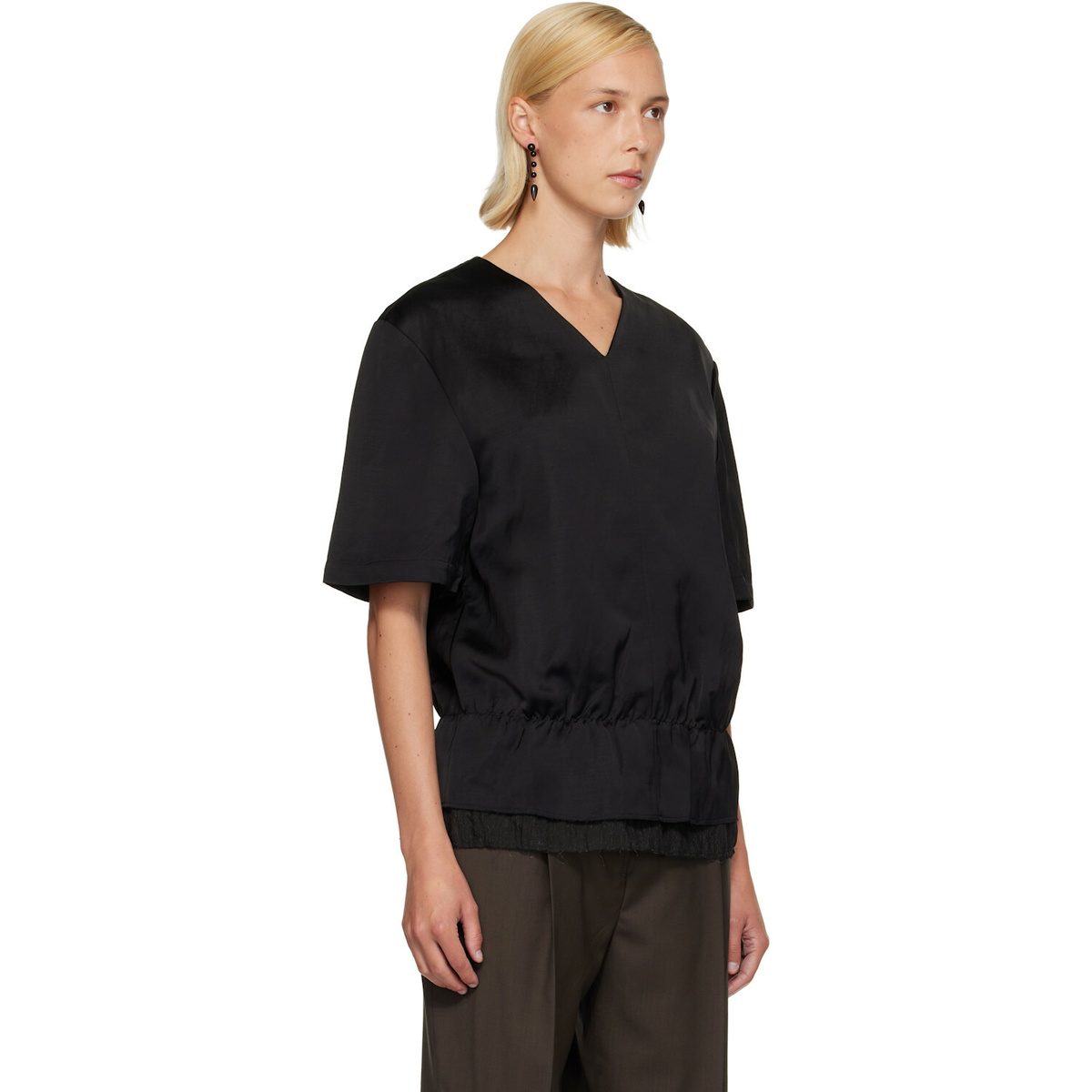 TOTEME Black V-Neck Satin Pullover Top