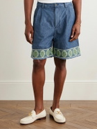 Valentino Garavani - Wide-Leg Pleated Embroidered Denim Shorts - Blue
