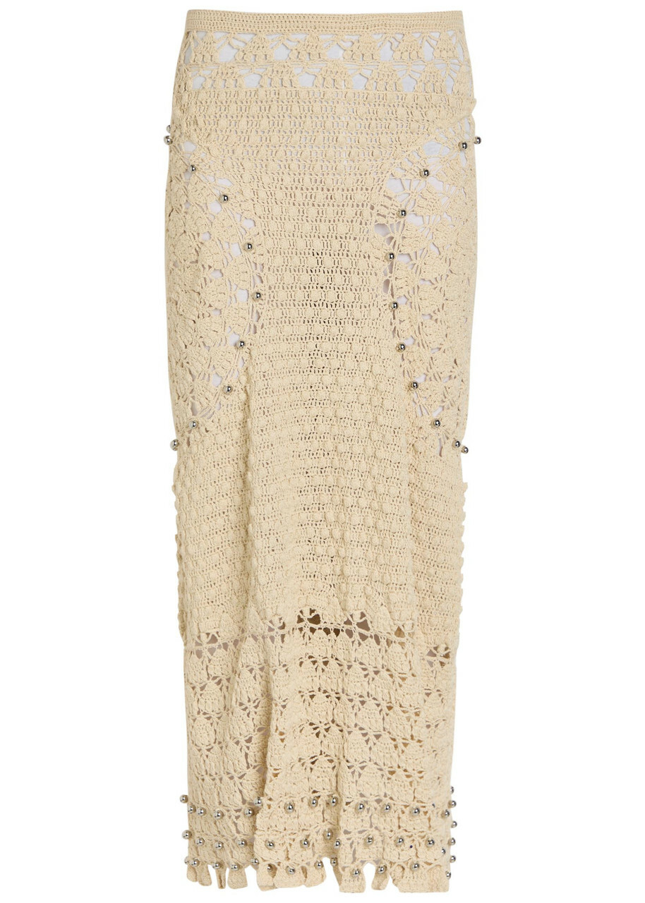 Rabanne Bead-embellished Crochet Cotton Midi Skirt Ecru