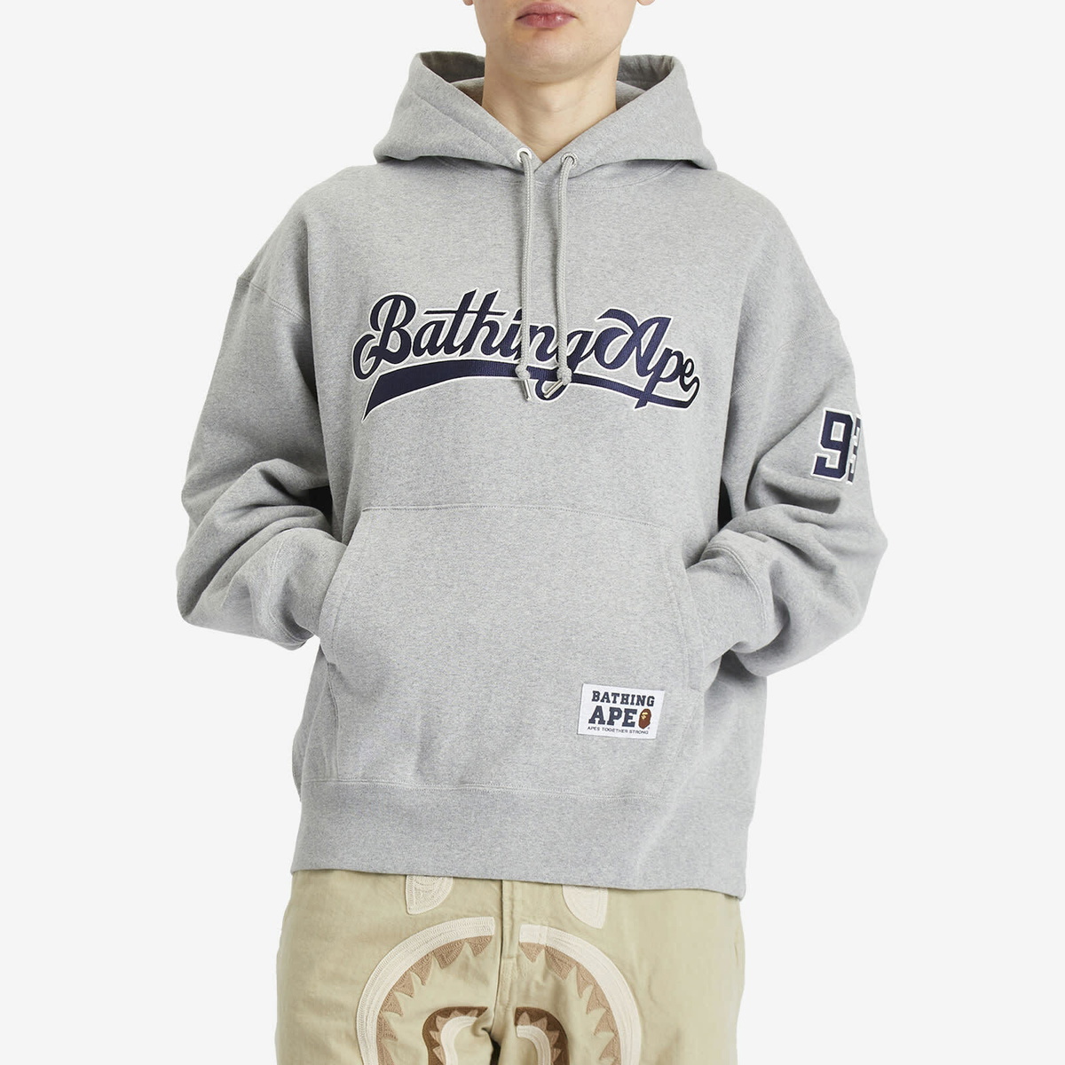 A Bathing Ape Men's Baseball Logo Relaxed Fit Pullover Hoodie in Grey