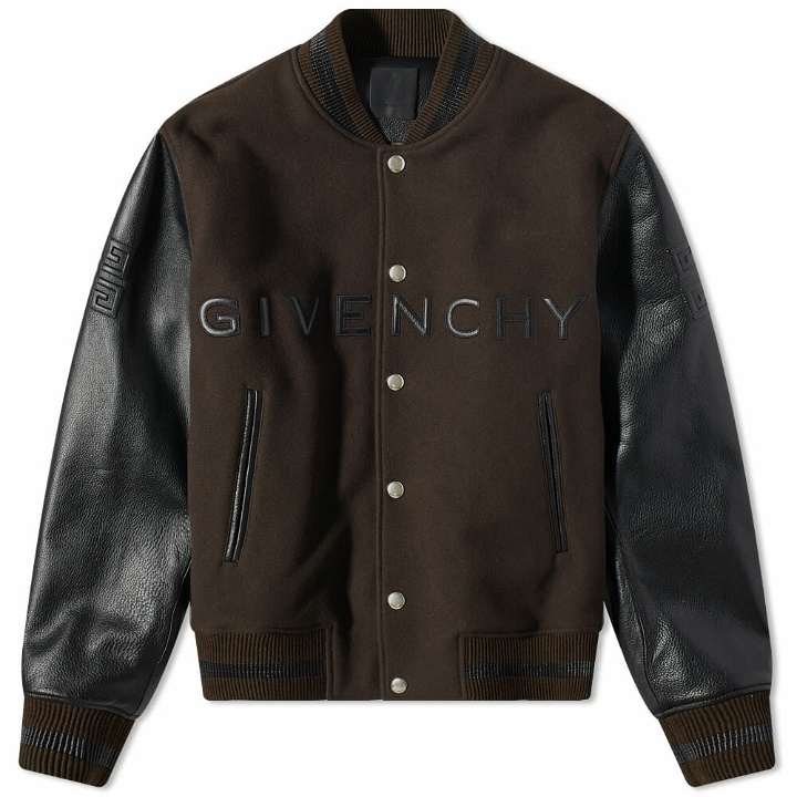 Photo: Givenchy Men's 4G Sleeves Varsity Jacket in Dark Brown/Black
