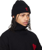AMI Paris Black Wool Contrasted Ami de Coeur Beanie
