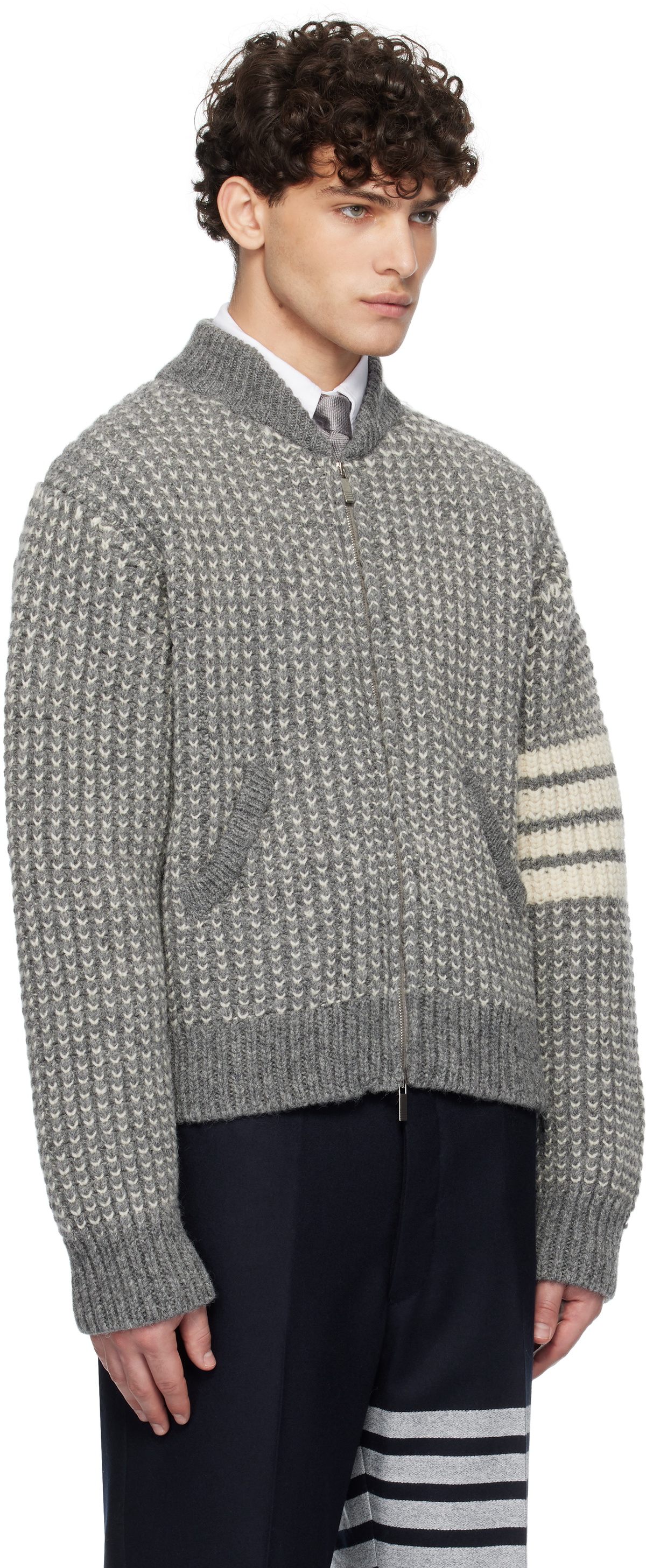 Thom Browne Gray Irish Wool 4-Bar Bomber Jacket