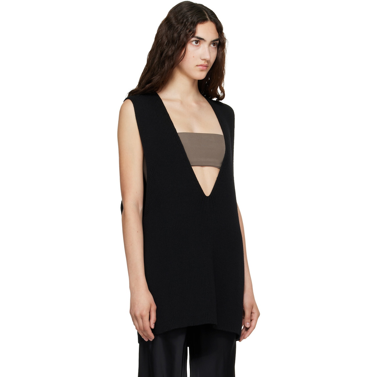 Rick Owens Black Tower Wool Knit V Neck Vest