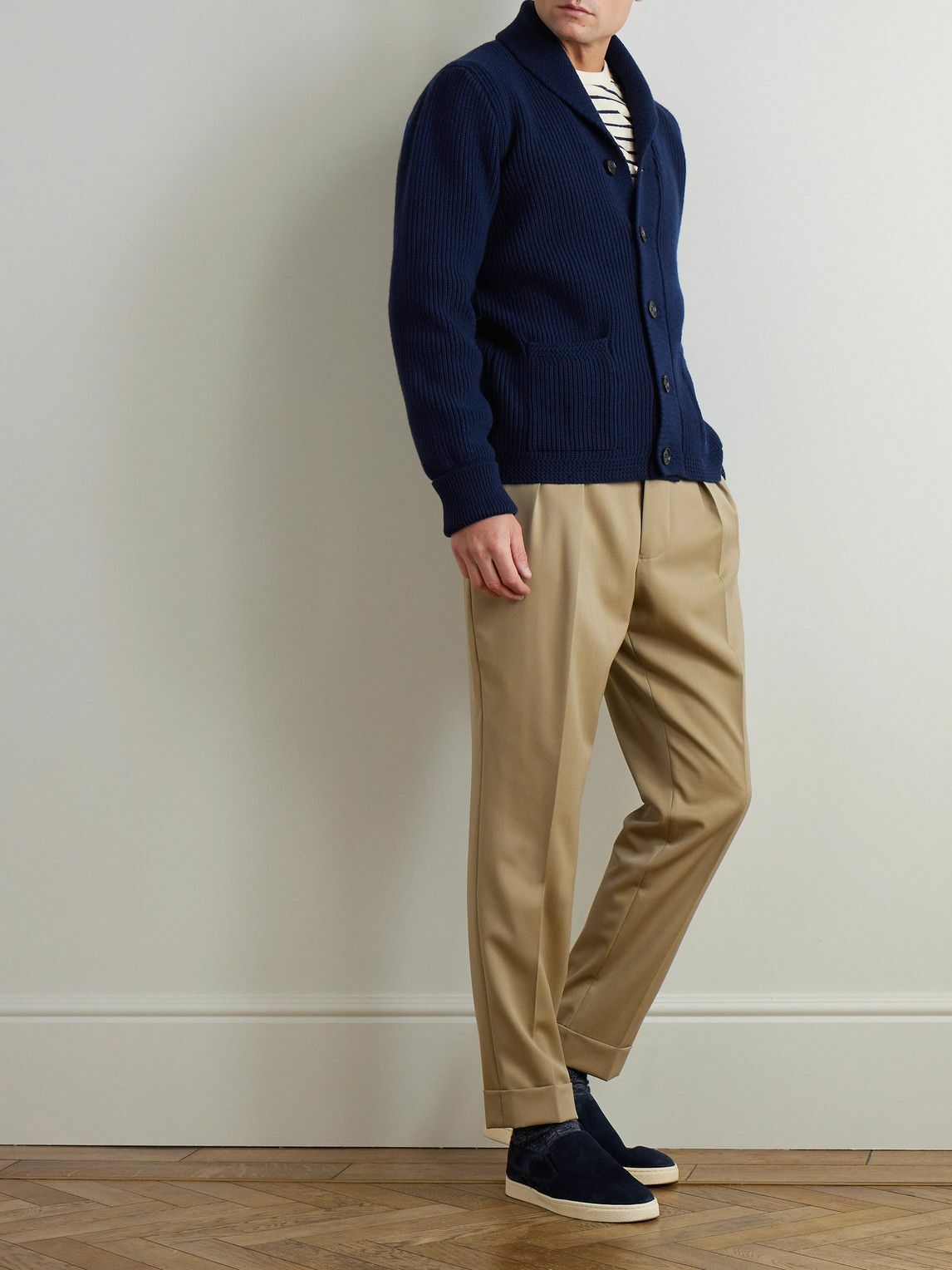 William Lockie - Duncan Shawl-Collar Ribbed Merino Wool and Cashmere-Blend Cardigan - Blue