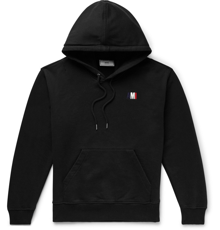 Photo: AMI - Logo-Embroidered Loopback Cotton-Jersey Hoodie - Black