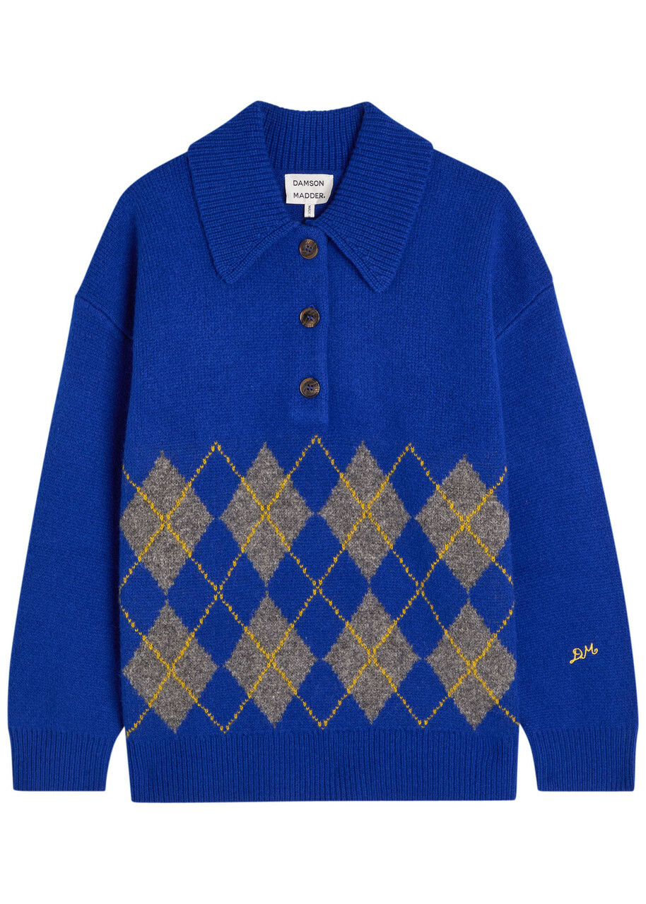 Damson Madder Saskia Argyle Wool Jumper Dark Blue