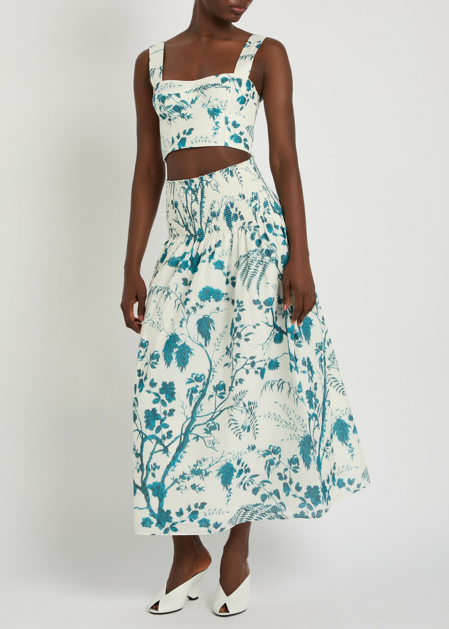 Erdem Floral-print Cotton and Linen-blend Crop top Blue