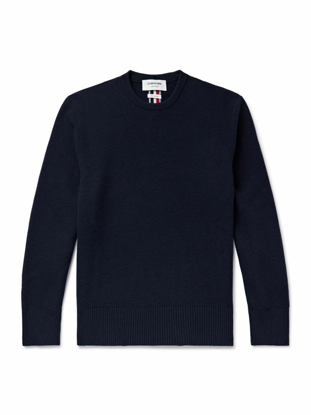 Photo: Thom Browne - Grosgrain-Trimmed Brushed Virgin Wool-Piqué Sweater - Blue