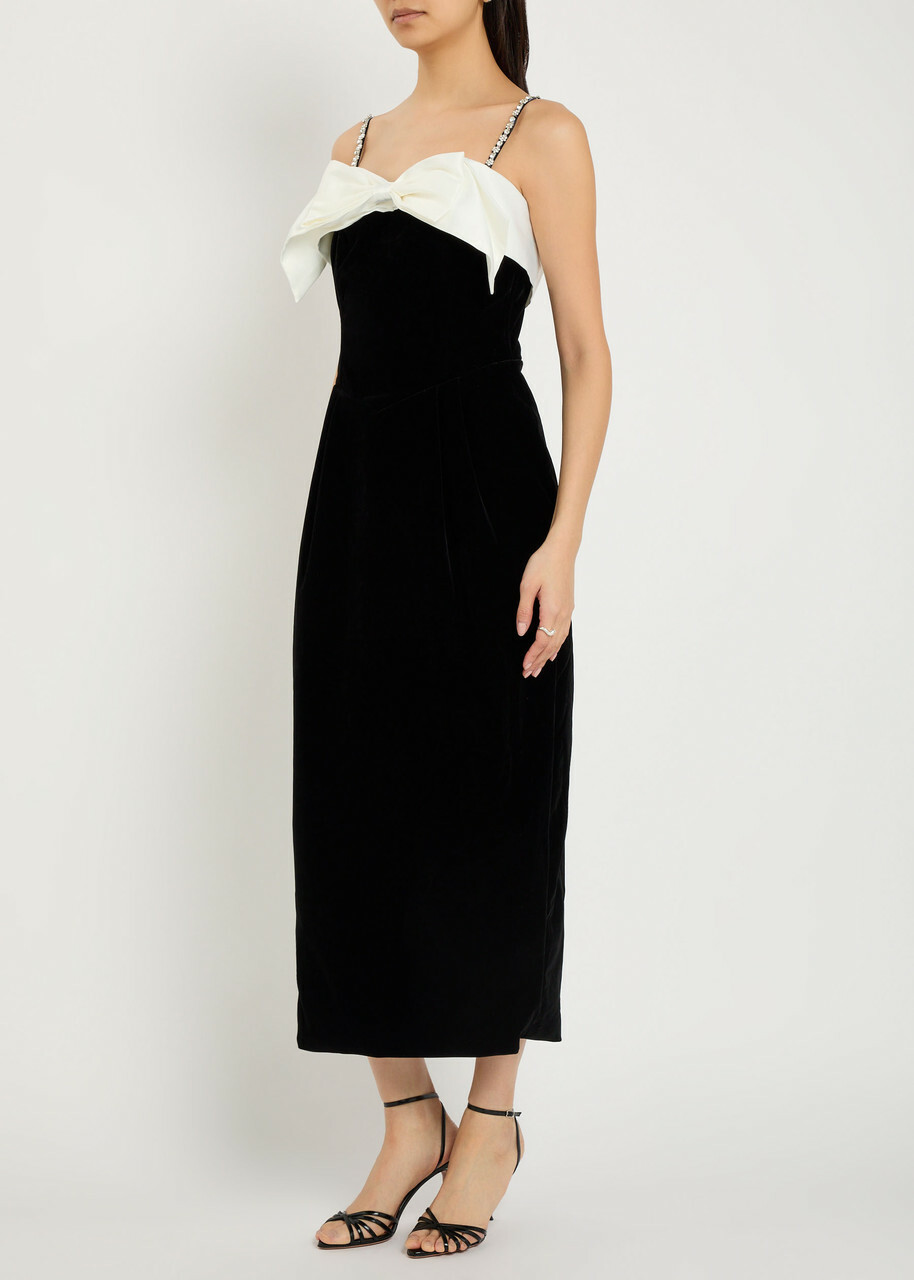Sister Jane Kelly Bow-appliquéd Velvet Midi Dress Black And White