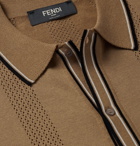 Fendi - Contrast-Tipped Perforated Stretch-Knit Polo Shirt - Men - Tan