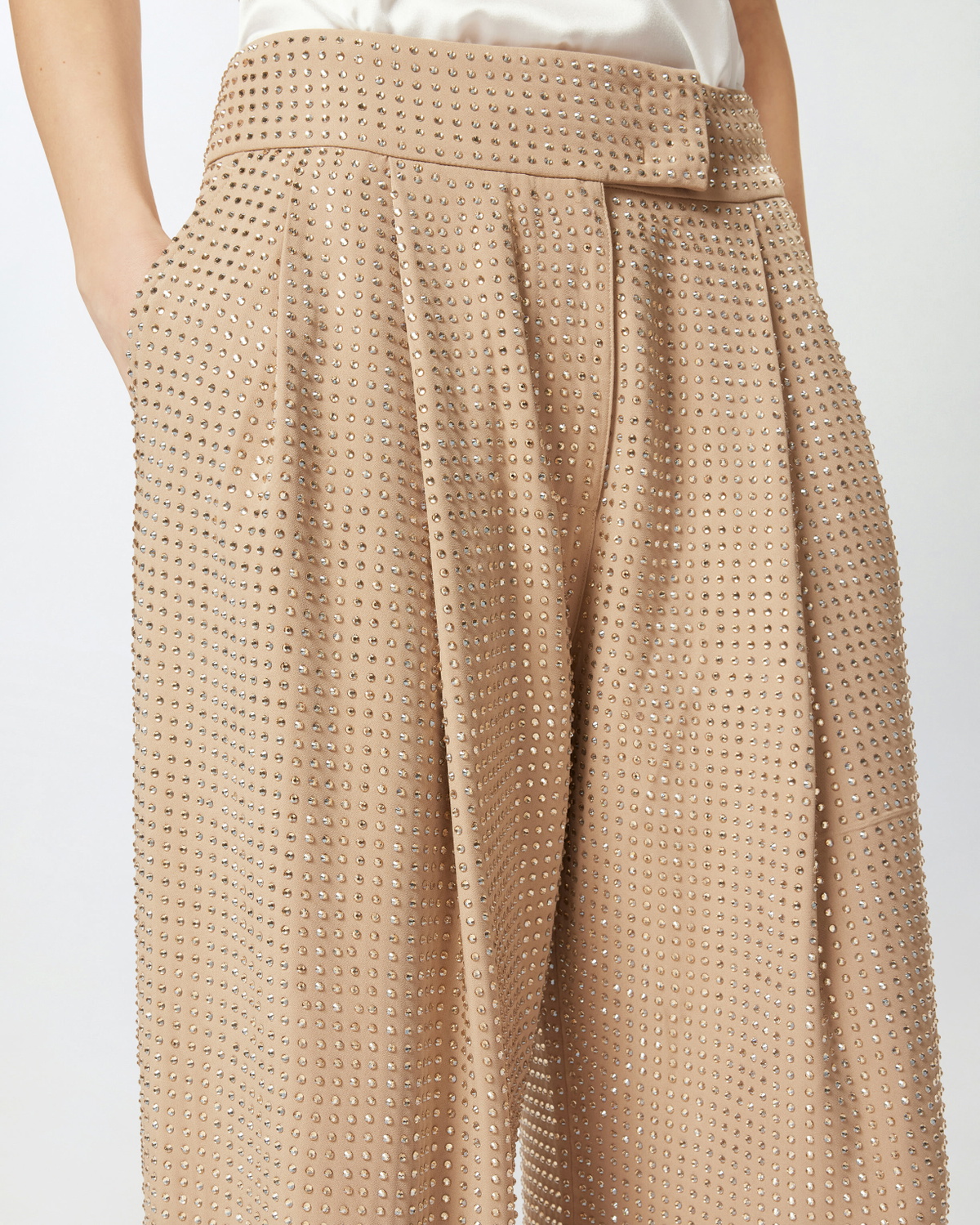 Pinko Wide Full Rhinestone Trousers Warm Taupe Beige Pinko