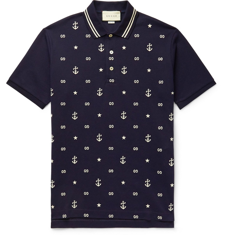 Photo: Gucci - Contrast-Tipped Logo-Embroidered Stretch-Cotton Piqué Polo Shirt - Blue