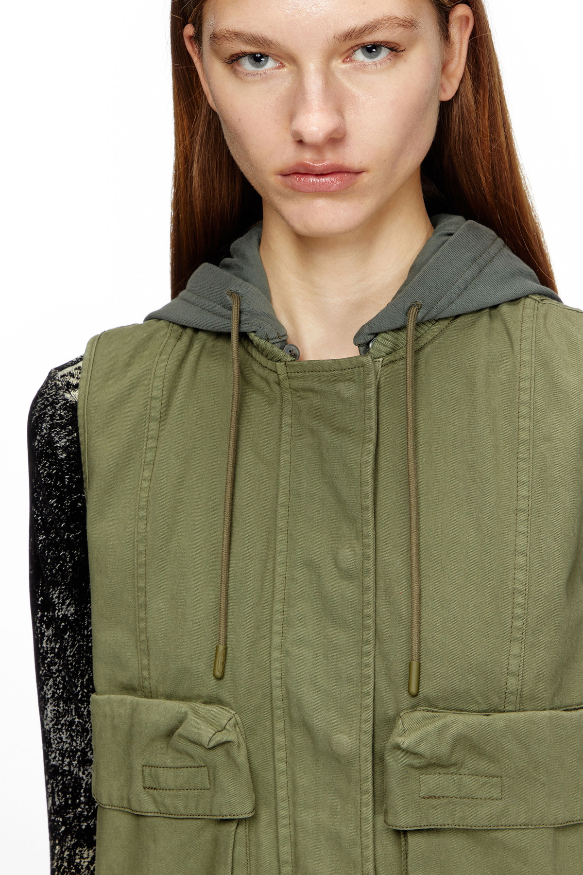 トップス hooded short vest - olive / pilot twill TheMogan Women's Military Drawstring Loose Fit Hoodie Vest