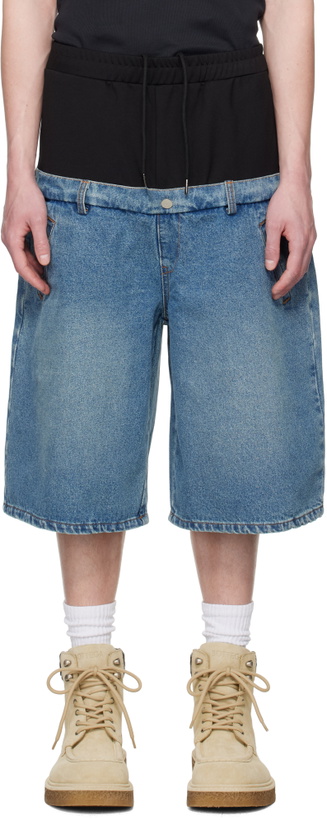 Photo: SPENCER BADU Blue & Black Dropped Denim Shorts