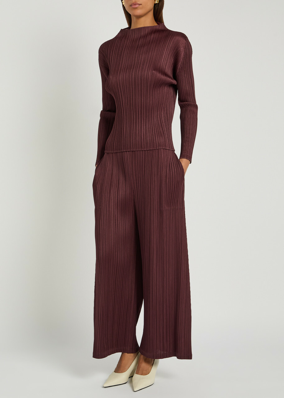 Pleats Please Issey Miyake Pleated Mock-neck Woven top Bordeaux